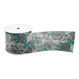 Teal White Graphic Flowers Pattern Satin Ribbon