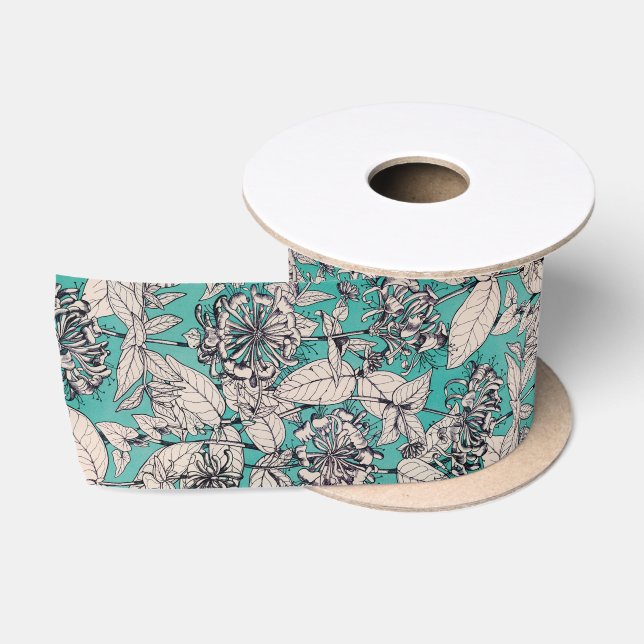 Teal White Graphic Flowers Pattern Satin Ribbon (Spool)