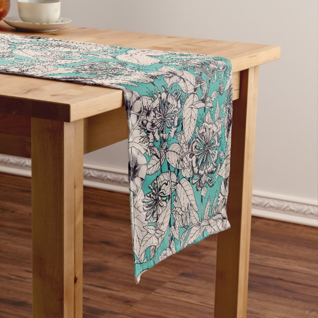 Teal White Graphic Flowers Pattern Short Table Runner (In Situ)