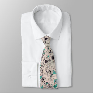Teal White Graphic Flowers Pattern Tie