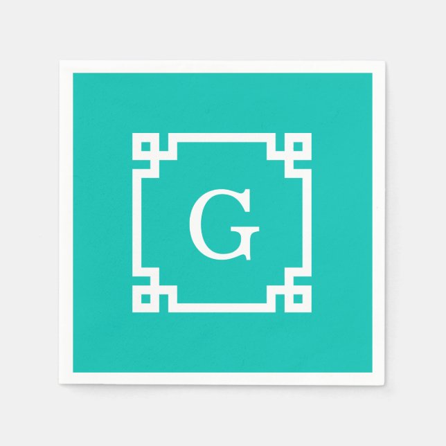Teal White Greek Key Frame #2 Initial Monogram Napkin (Front)