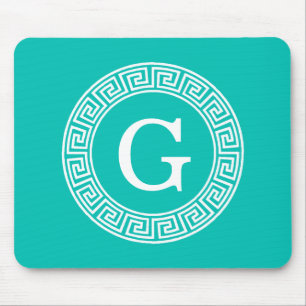Teal White Greek Key Round Frame Initial Monogram Mouse Mat