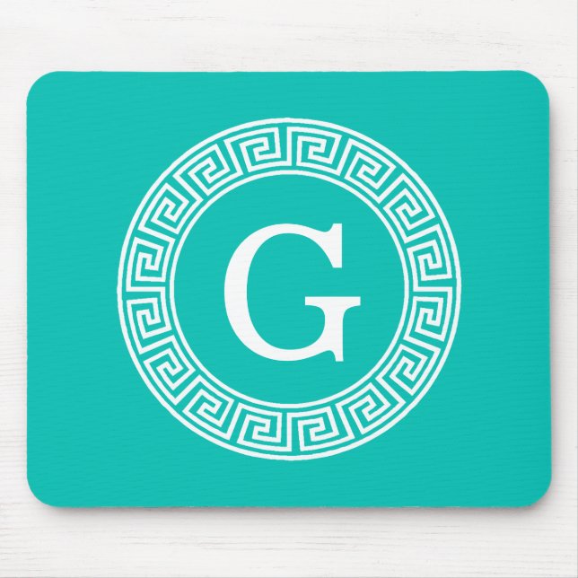 Teal White Greek Key Round Frame Initial Monogram Mouse Mat (Front)