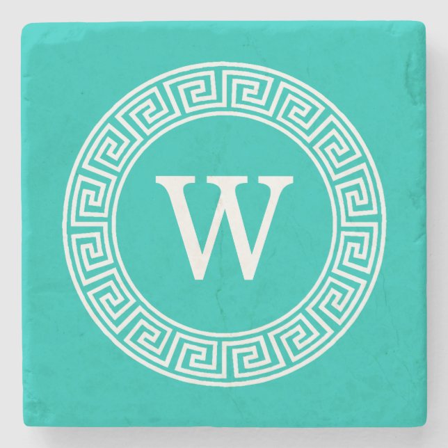 Teal White Greek Key Round Frame Initial Monogram Stone Coaster (Front)