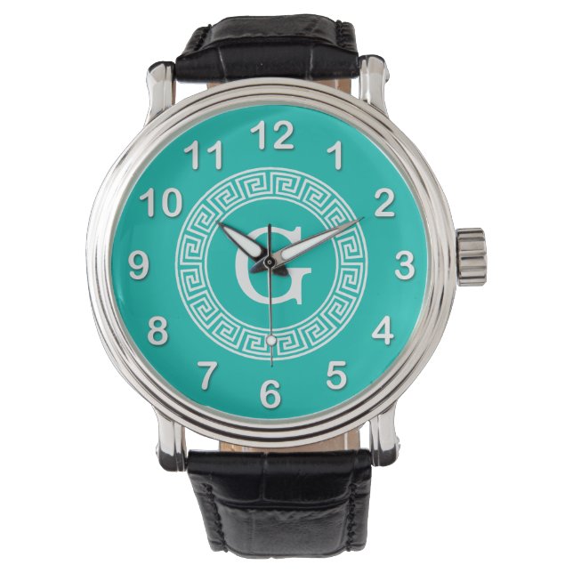 Teal White Greek Key Round Frame Initial Monogram Watch (Front)