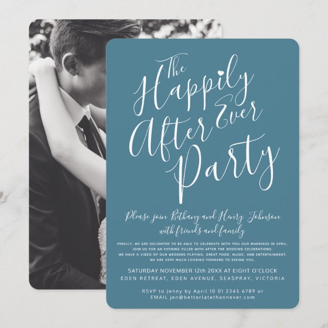 Teal white happily ever after wedding party invitation (Front/Back)