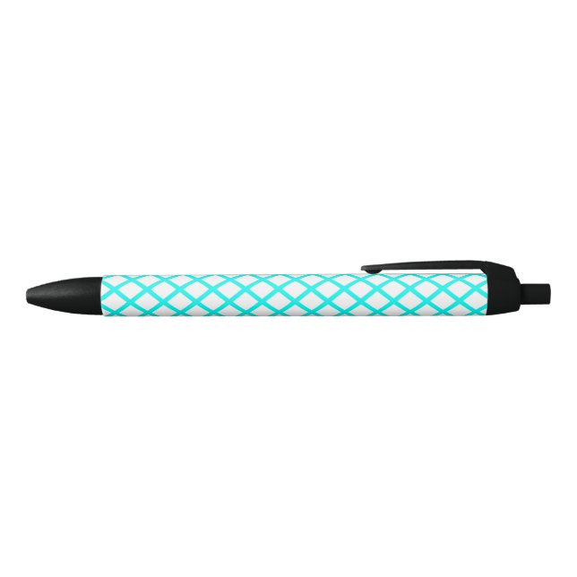 Teal White Harlequin Diamond Stripes Pattern Black Ink Pen (Top)