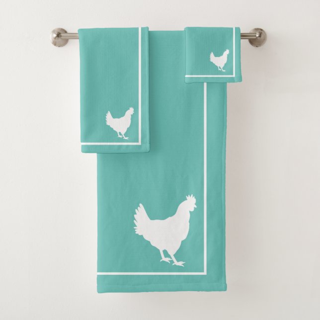 Teal & White Hen Silhouette Farmhouse Bath Towel Set (Insitu)