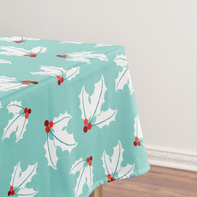 Teal White Holly Foliage Red Berries Christmas Tablecloth (In Situ)