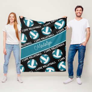 teal white I love volleyball girly personalised Fleece Blanket
