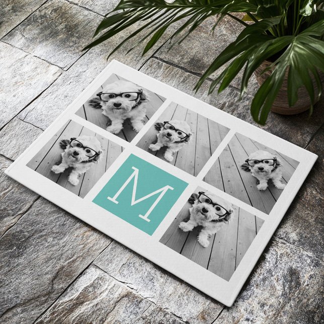 Teal & White Instagram 5 Photo Collage Monogram Doormat (Custom Welcome Doormat)