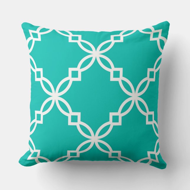 Teal White Large Fancy Quatrefoil Pattern Cushion (Front)