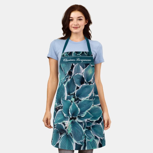 Teal & White Leaves Monogram Apron (Worn)