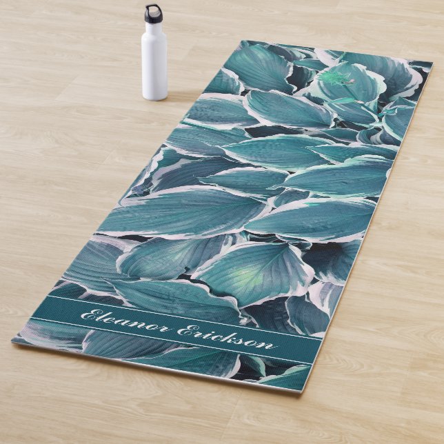 Teal & White Leaves Monogram Yoga Mat (In Situ)