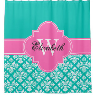 Teal White LG Damask #3 CB1IR Hot Pink Monogram Shower Curtain