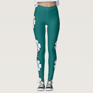Teal White Lotus Water Lily Heart Leggings