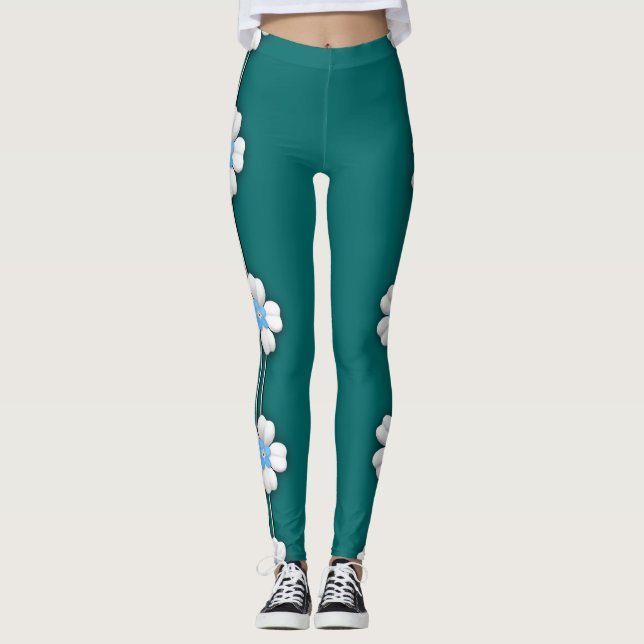 Teal White Lotus Water Lily Heart Leggings (Front)