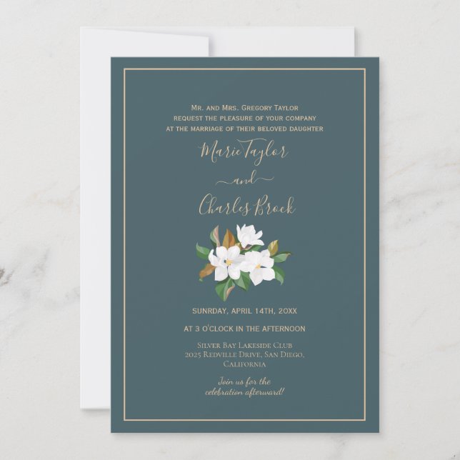 Teal & White Magnolia Wedding Invitation (Front)