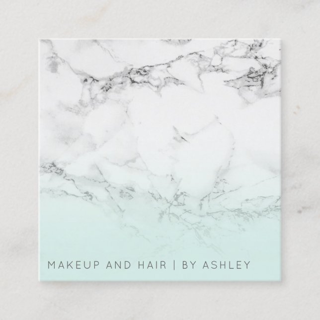Teal white marble ombre makeup professional square business card (Front)