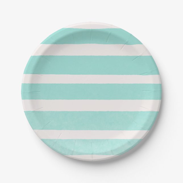 Teal & White Modern Chic Stripes Paper Plate (Front)