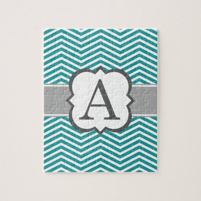 Teal White Monogram Letter A Chevron Jigsaw Puzzle (Vertical)