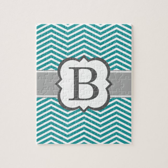 Teal White Monogram Letter B Chevron Jigsaw Puzzle (Vertical)