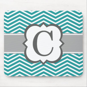 Teal White Monogram Letter C Chevron Mouse Mat