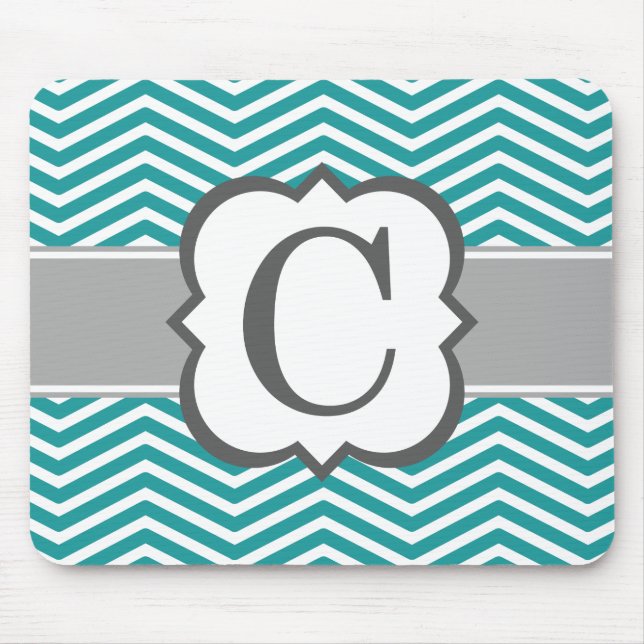 Teal White Monogram Letter C Chevron Mouse Mat (Front)
