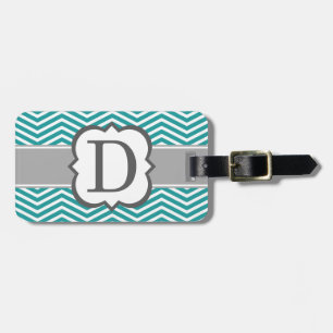 Teal White Monogram Letter D Chevron Luggage Tag