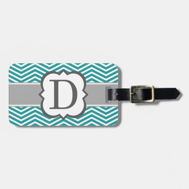 Teal White Monogram Letter D Chevron Luggage Tag (Front Horizontal)