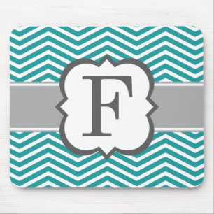 Teal White Monogram Letter F Chevron Mouse Mat