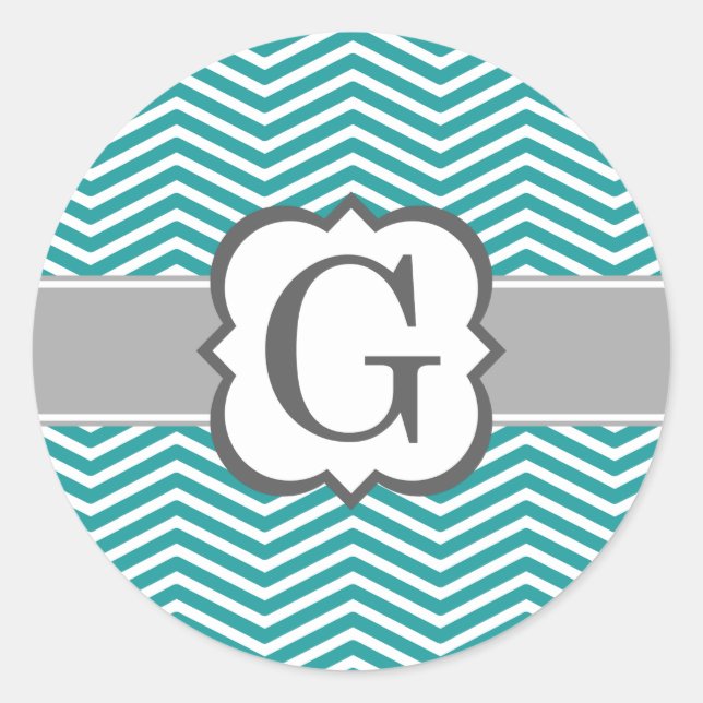Teal White Monogram Letter G Chevron Classic Round Sticker (Front)