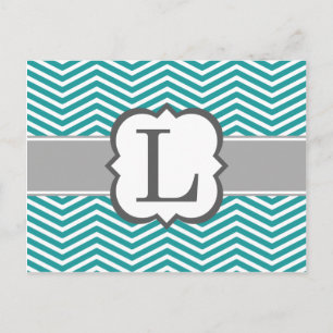Teal White Monogram Letter L Chevron Postcard