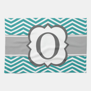 Teal White Monogram Letter O Chevron Tea Towel