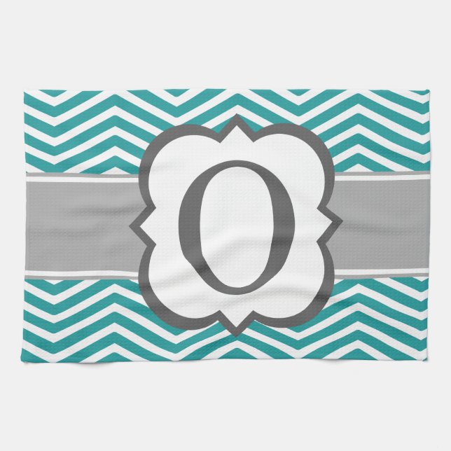 Teal White Monogram Letter O Chevron Tea Towel (Horizontal)
