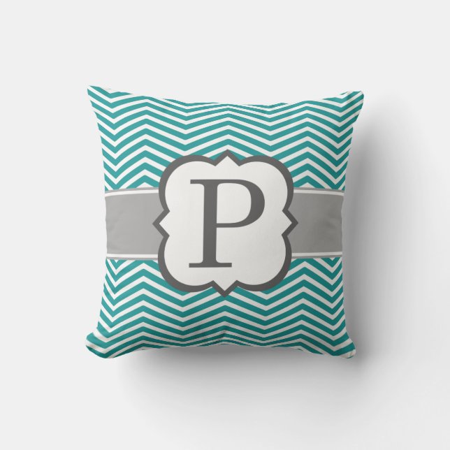 Teal White Monogram Letter P Chevron Cushion (Front)
