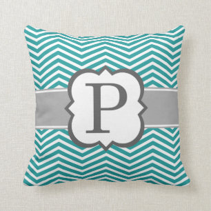 Teal White Monogram Letter P Chevron Cushion