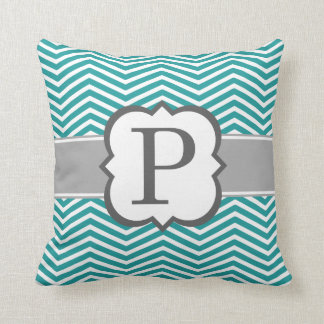 Teal White Monogram Letter P Chevron Cushion