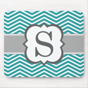 Teal White Monogram Letter S Chevron Mouse Mat