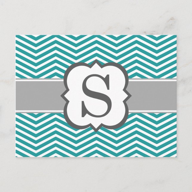 Teal White Monogram Letter S Chevron Postcard (Front)
