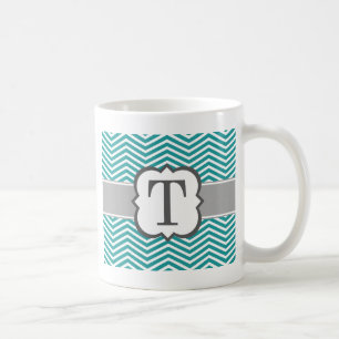 Teal White Monogram Letter T Chevron Coffee Mug
