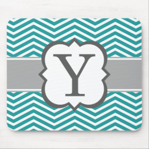 Teal White Monogram Letter Y Chevron Mouse Mat
