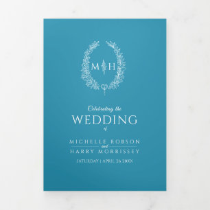 Teal white monogram wreath dedication wedding Tri-Fold programme