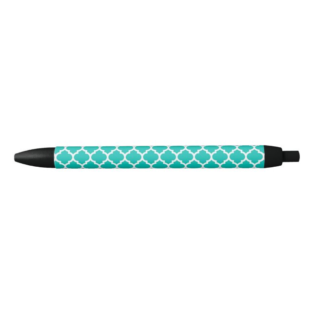 Teal White Moroccan Quatrefoil Trellis Pattern #5 Black Ink Pen (Front)