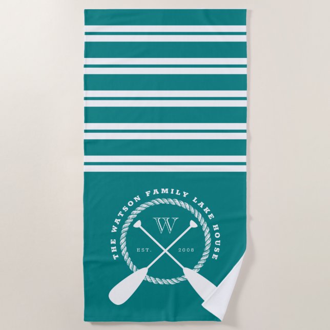 Teal White Nautical Lake House Monogram Beach Towel (Front)