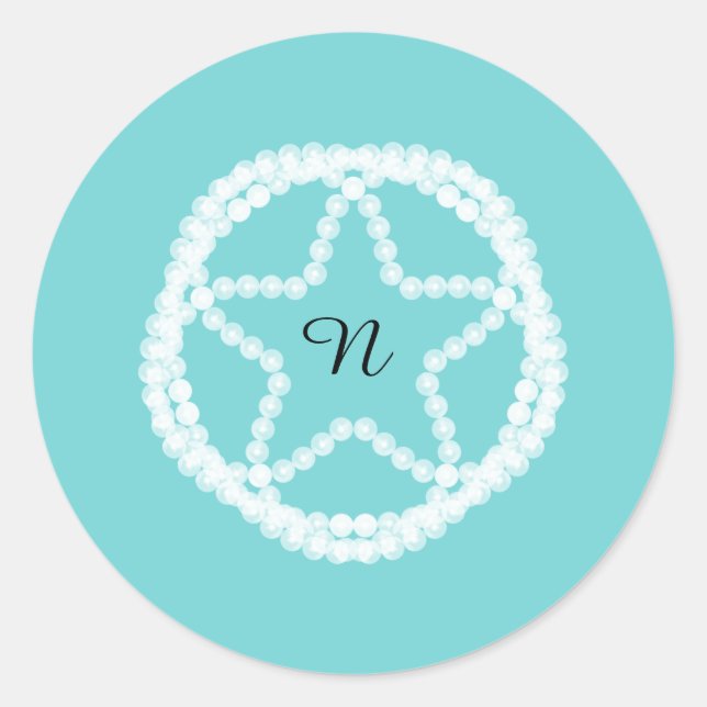 Teal White Pearl Star Wedding Bridal Shower Classic Round Sticker (Front)