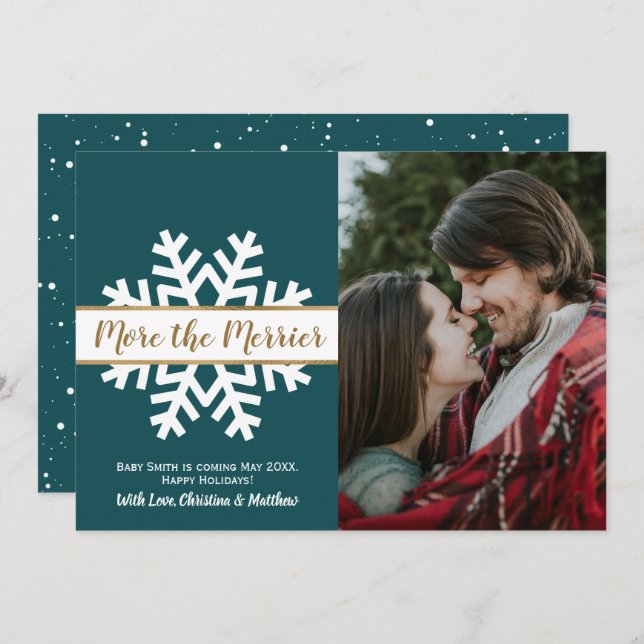 Teal White Photo Christmas Pregnancy Announcement (Front/Back)