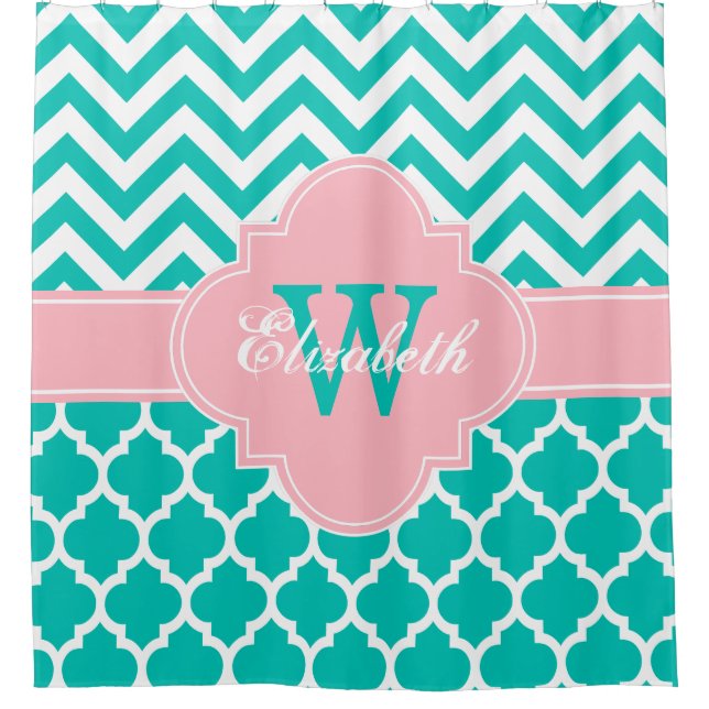 Teal White Pink Moroccan #5 Chevron 1IQRN Shower Curtain (Front)