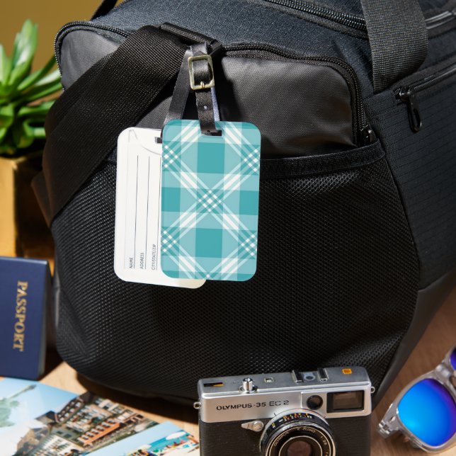Teal White Plaid Luggage Tag (Front & Back)