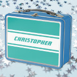 Teal White Racing Stripes Monogram Kids Boys Blue Metal Lunch Box<br><div class="desc">Create your own custom, personalised, cool, classy, stylish, classic, teal and white racing stripes design, faux gold typography / script / font monogram monogrammed, modern, chic, adorable, durable food safe tin plate, food contact safe interior material, classic style kids girls boys blue metal school lunch box with collapsible black plastic...</div>